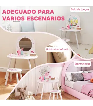 Tocador Infantil con Taburete y Espejo Tocador para Niñas con Dibujos de Corazones para Niños y Niñas de 3-6 Años Blanco