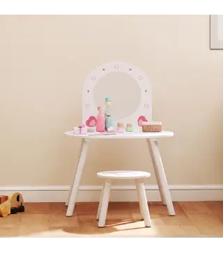 Tocador Infantil con Taburete y Espejo Tocador para Niñas con Dibujos de Corazones para Niños y Niñas de 3-6 Años Blanco