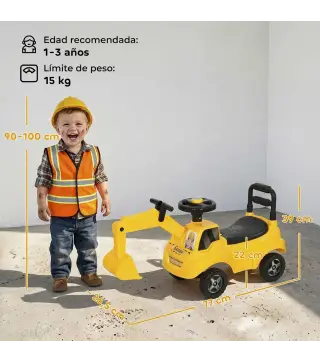 Excavadora Correpasillos Juguete con Bocina de Aire, Excavadora sin Pedales, Brazo Excavador, Almacenaje Bajo Asiento, para Niño