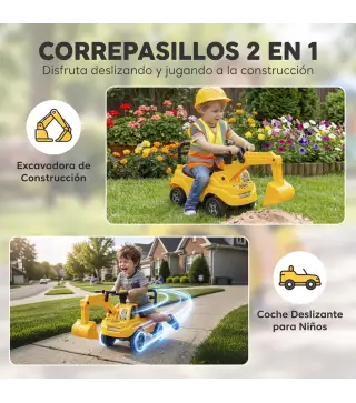 Excavadora Correpasillos Juguete con Bocina de Aire, Excavadora sin Pedales, Brazo Excavador, Almacenaje Bajo Asiento, para Niño