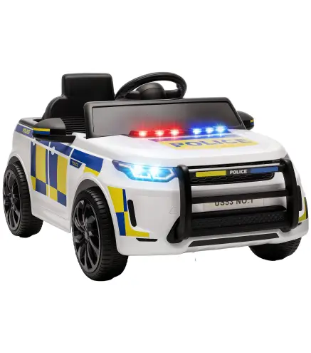 Coche Eléctrico para Niños de Policía 12V Mando a Distancia 2,4 G 2 Motores Arranque Suave Sirena Luces Música Blanco