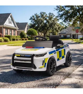 Coche Eléctrico para Niños de Policía 12V Mando a Distancia 2,4 G 2 Motores Arranque Suave Sirena Luces Música Blanco
