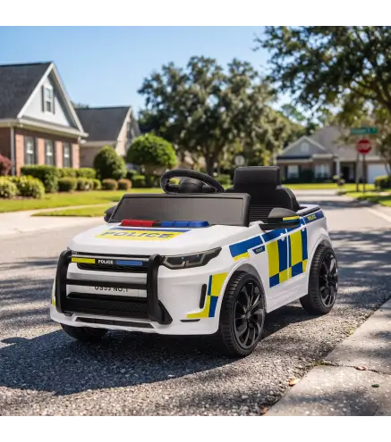 Coche Eléctrico para Niños de Policía 12V Mando a Distancia 2,4 G 2 Motores Arranque Suave Sirena Luces Música Blanco
