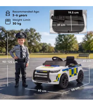 Coche Eléctrico para Niños de Policía 12V Mando a Distancia 2,4 G 2 Motores Arranque Suave Sirena Luces Música Blanco