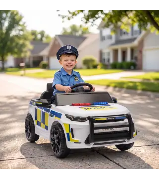 Coche Eléctrico para Niños de Policía 12V Mando a Distancia 2,4 G 2 Motores Arranque Suave Sirena Luces Música Blanco