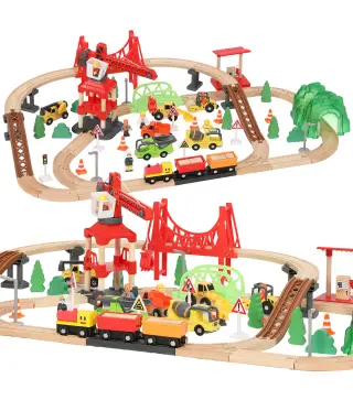 Tren de Juguete de Madera de 91 Piezas Circuito de Tren con Grúa Vías con Sonidos Vehículos Juguete para Niños 3+ Años