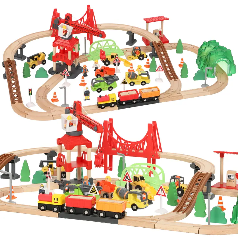 Tren de Juguete de Madera de 91 Piezas Circuito de Tren con Grúa Vías con Sonidos Vehículos Juguete para Niños 3+ Años