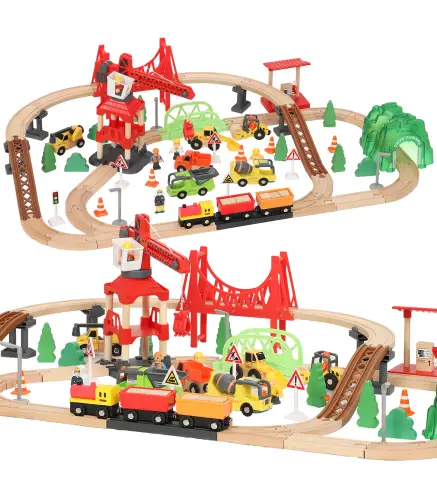 Tren de Juguete de Madera de 91 Piezas Circuito de Tren con Grúa Vías con Sonidos Vehículos Juguete para Niños 3+ Años