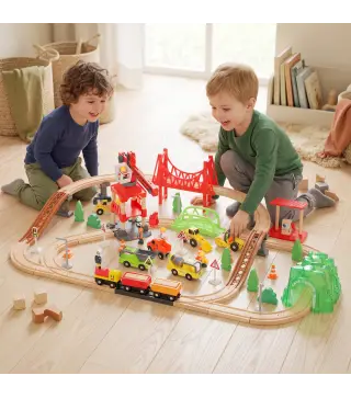 Tren de Juguete de Madera de 91 Piezas Circuito de Tren con Grúa Vías con Sonidos Vehículos Juguete para Niños 3+ Años