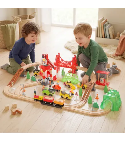 Tren de Juguete de Madera de 91 Piezas Circuito de Tren con Grúa Vías con Sonidos Vehículos Juguete para Niños 3+ Años