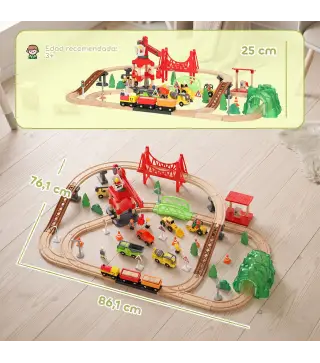 Tren de Juguete de Madera de 91 Piezas Circuito de Tren con Grúa Vías con Sonidos Vehículos Juguete para Niños 3+ Años