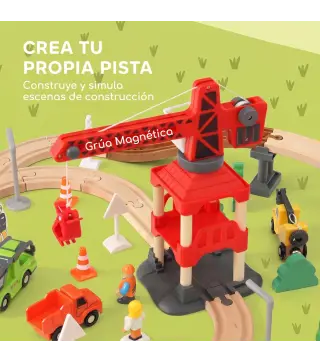 Tren de Juguete de Madera de 91 Piezas Circuito de Tren con Grúa Vías con Sonidos Vehículos Juguete para Niños 3+ Años
