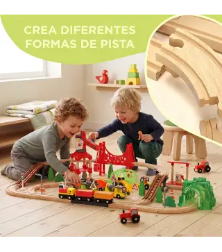 Tren de Juguete de Madera de 91 Piezas Circuito de Tren con Grúa Vías con Sonidos Vehículos Juguete para Niños 3+ Años