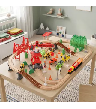 Tren de Juguete de Madera de 91 Piezas Circuito de Tren con Grúa Vías con Sonidos Vehículos Juguete para Niños 3+ Años
