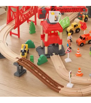Tren de Juguete de Madera de 91 Piezas Circuito de Tren con Grúa Vías con Sonidos Vehículos Juguete para Niños 3+ Años