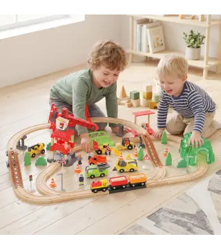 Tren de Juguete de Madera de 91 Piezas Circuito de Tren con Grúa Vías con Sonidos Vehículos Juguete para Niños 3+ Años