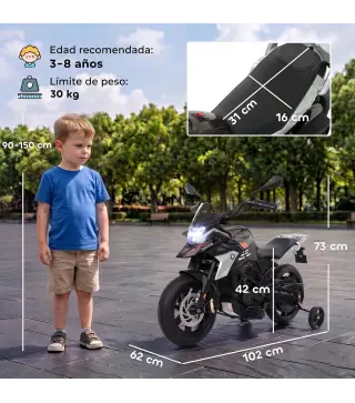 Moto Eléctrica para Niños Licencia BMW G310 GS 12V con 2 Ruedas Auxiliares Arranque Suave 3-6 km/h 3-8 Años Negro