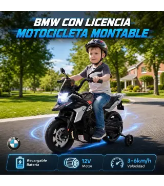 Moto Eléctrica para Niños Licencia BMW G310 GS 12V con 2 Ruedas Auxiliares Arranque Suave 3-6 km/h 3-8 Años Negro