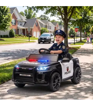Coche Eléctrico para Niños de Policía 12V Mando a Distancia 2,4 G 2 Motores Arranque Suave Sirena Luces Música Negro