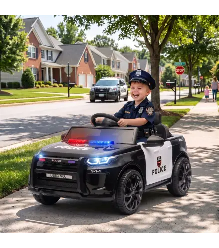 Coche Eléctrico para Niños de Policía 12V Mando a Distancia 2,4 G 2 Motores Arranque Suave Sirena Luces Música Negro