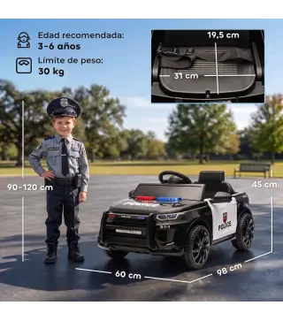 Coche Eléctrico para Niños de Policía 12V Mando a Distancia 2,4 G 2 Motores Arranque Suave Sirena Luces Música Negro