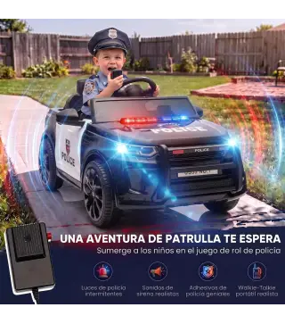 Coche Eléctrico para Niños de Policía 12V Mando a Distancia 2,4 G 2 Motores Arranque Suave Sirena Luces Música Negro