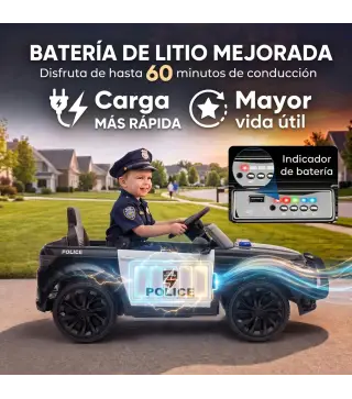 Coche Eléctrico para Niños de Policía 12V Mando a Distancia 2,4 G 2 Motores Arranque Suave Sirena Luces Música Negro