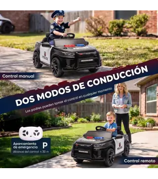 Coche Eléctrico para Niños de Policía 12V Mando a Distancia 2,4 G 2 Motores Arranque Suave Sirena Luces Música Negro