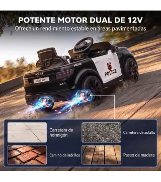 Coche Eléctrico para Niños de Policía 12V Mando a Distancia 2,4 G 2 Motores Arranque Suave Sirena Luces Música Negro