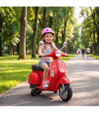 Moto Eléctrica Niños 12V Vespa PX150 Ruedas Auxiliares 2 Motores Suspensión Trasera Música Faros 3 km/h 3-6 Años Rojo