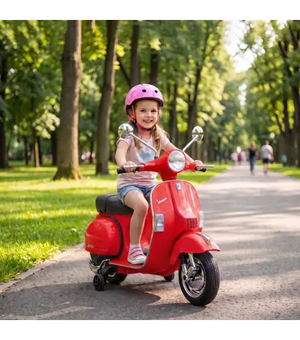 Moto Eléctrica Niños 12V Vespa PX150 Ruedas Auxiliares 2 Motores Suspensión Trasera Música Faros 3 km/h 3-6 Años Rojo