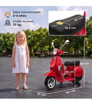 Moto Eléctrica Niños 12V Vespa PX150 Ruedas Auxiliares 2 Motores Suspensión Trasera Música Faros 3 km/h 3-6 Años Rojo