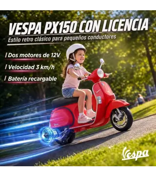 Moto Eléctrica Niños 12V Vespa PX150 Ruedas Auxiliares 2 Motores Suspensión Trasera Música Faros 3 km/h 3-6 Años Rojo