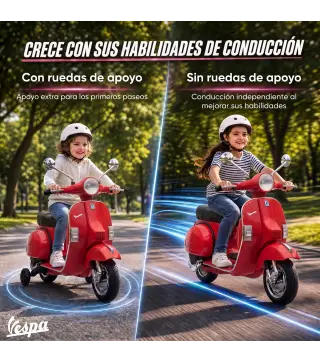Moto Eléctrica Niños 12V Vespa PX150 Ruedas Auxiliares 2 Motores Suspensión Trasera Música Faros 3 km/h 3-6 Años Rojo