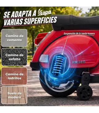 Moto Eléctrica Niños 12V Vespa PX150 Ruedas Auxiliares 2 Motores Suspensión Trasera Música Faros 3 km/h 3-6 Años Rojo