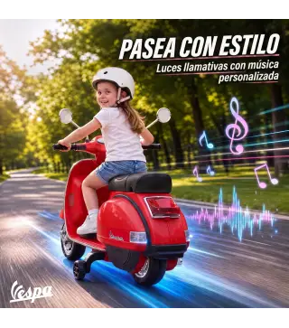 Moto Eléctrica Niños 12V Vespa PX150 Ruedas Auxiliares 2 Motores Suspensión Trasera Música Faros 3 km/h 3-6 Años Rojo