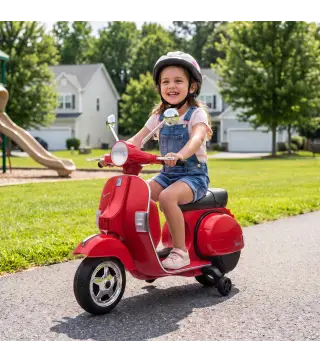 Moto Eléctrica Niños 12V Vespa PX150 Ruedas Auxiliares 2 Motores Suspensión Trasera Música Faros 3 km/h 3-6 Años Rojo