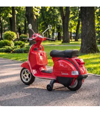 Moto Eléctrica Niños 12V Vespa PX150 Ruedas Auxiliares 2 Motores Suspensión Trasera Música Faros 3 km/h 3-6 Años Rojo