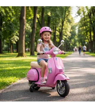 Moto Eléctrica Niños 12V Vespa PX150 Ruedas Auxiliares 2 Motores Suspensión Trasera Música Faros 3 km/h 3-6 Años Rosa