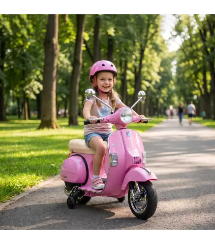 Moto Eléctrica Niños 12V Vespa PX150 Ruedas Auxiliares 2 Motores Suspensión Trasera Música Faros 3 km/h 3-6 Años Rosa