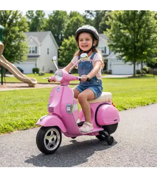 Moto Eléctrica Niños 12V Vespa PX150 Ruedas Auxiliares 2 Motores Suspensión Trasera Música Faros 3 km/h 3-6 Años Rosa