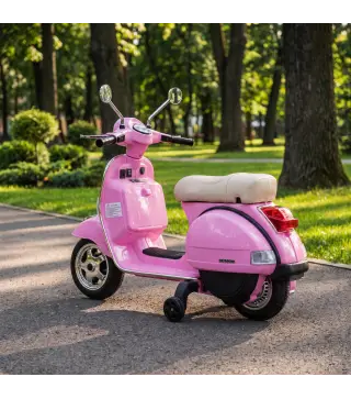 Moto Eléctrica Niños 12V Vespa PX150 Ruedas Auxiliares 2 Motores Suspensión Trasera Música Faros 3 km/h 3-6 Años Rosa