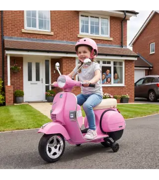 Moto Eléctrica Niños 12V Vespa PX150 Ruedas Auxiliares 2 Motores Suspensión Trasera Música Faros 3 km/h 3-6 Años Rosa