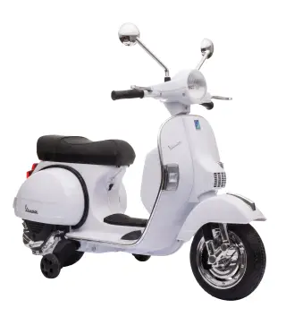 Moto Eléctrica Niños 12V Vespa PX150 Ruedas Auxiliares 2 Motores Suspensión Trasera Música Faros 3 km/h 3-6 Años Blanco