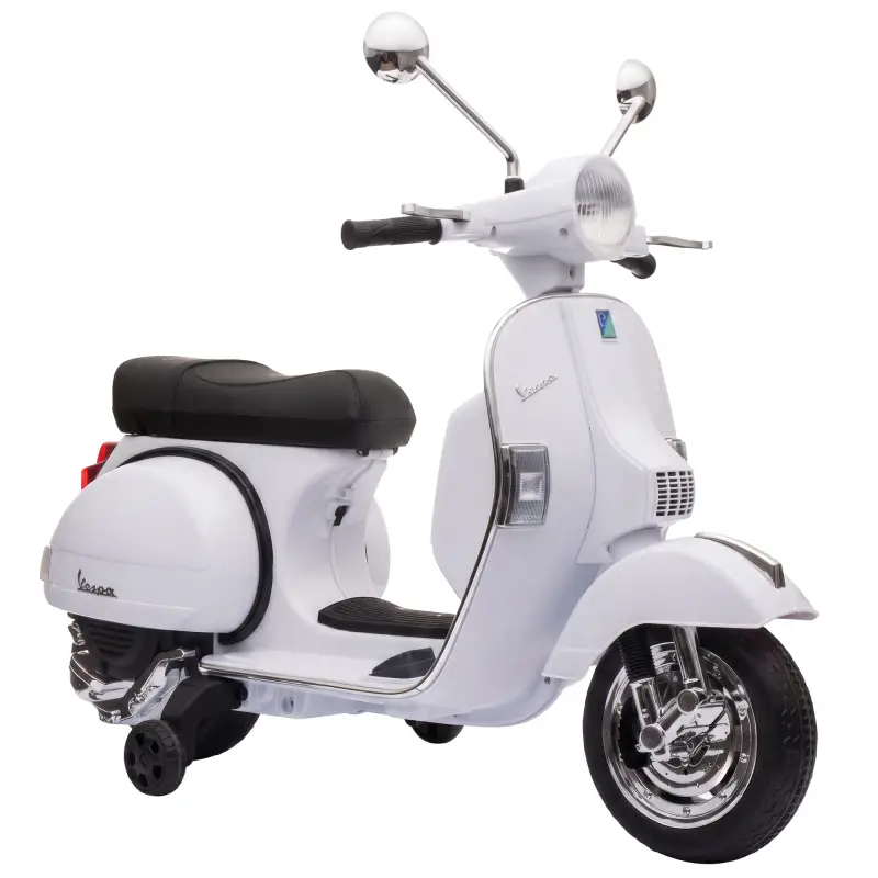 Moto Eléctrica Niños 12V Vespa PX150 Ruedas Auxiliares 2 Motores Suspensión Trasera Música Faros 3 km/h 3-6 Años Blanco