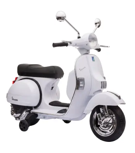 Moto Eléctrica Niños 12V Vespa PX150 Ruedas Auxiliares 2 Motores Suspensión Trasera Música Faros 3 km/h 3-6 Años Blanco