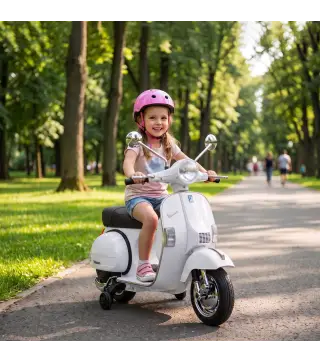 Moto Eléctrica Niños 12V Vespa PX150 Ruedas Auxiliares 2 Motores Suspensión Trasera Música Faros 3 km/h 3-6 Años Blanco