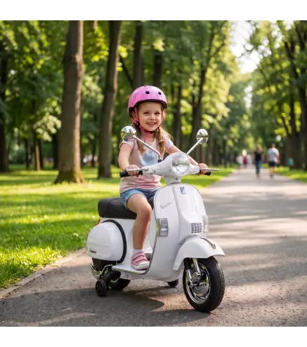 Moto Eléctrica Niños 12V Vespa PX150 Ruedas Auxiliares 2 Motores Suspensión Trasera Música Faros 3 km/h 3-6 Años Blanco