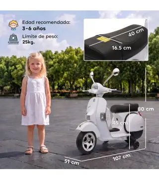Moto Eléctrica Niños 12V Vespa PX150 Ruedas Auxiliares 2 Motores Suspensión Trasera Música Faros 3 km/h 3-6 Años Blanco