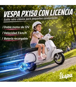 Moto Eléctrica Niños 12V Vespa PX150 Ruedas Auxiliares 2 Motores Suspensión Trasera Música Faros 3 km/h 3-6 Años Blanco